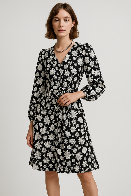 V-neck Long-sleeved Printed Dress